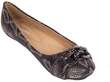 Women Faux Snakeskin Ballerina Flats with Double Buckle (9, Brown)