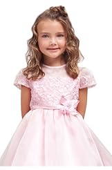Girls Organza Short Sleeves  Lace Tea Length Flower-Girl Dress/Pageant Dress  With a Bow(s) and a Ribbon  and a Sash 