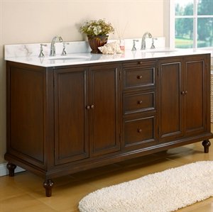 70 Inch Classic Double Vanity Sink Cabinet with White Marble Top and Espresso Finish
