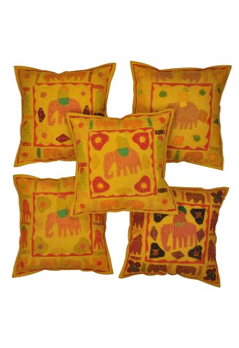 Imagen principal de Elefante indio Cotton Patch & Jogi Tamaño bordado Cojín 16 x 16 pulgadas Juego de 5 piezas