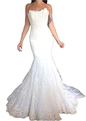 Strapless Lace Backless Open-Back Satin/Tulle Mermaid Wedding Party Dress  with a Court Train 