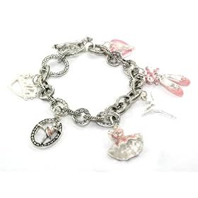 Lady's Ballet Dancer Themed Chunky Charm Bracelet Antique Silver Tone with Ballet Slippers, Dress,...