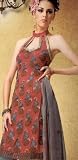Deep Peach Faux Crepe Traditional Kameez Unstitched Dress Material with Churidar and Dupatta