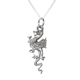 Dragon Pendant on 18" Sterling Silver Chain - Antique Silver Finish - 3cm Long Pendant - Gift Boxed (P3)