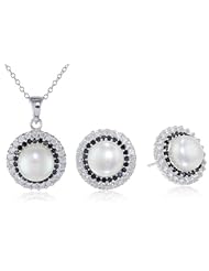 Bella Pearl Halo White, Black Cubic Zirconia Necklace and Earrings Jewelry Set