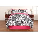 Black White Pink Flower Floral Reversible Queen Comforter Set (8pc Bed in a Bag)