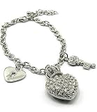 Designer Look Heart Crown, Key & Locket Charm Bracelet with Crystals