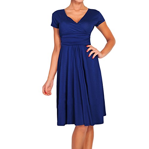 Sue&Joe Women's Fit and Flare Dress V-neck Ruched Flowy Pleated Cap Sleeve Dress
