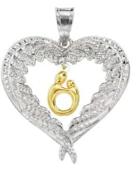 Heart Shaped Mother And Child Pendant With Angel Wings Sterling Silver/10K Yellow 68313
