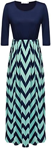 dsgutydh Womens Fashion 3/4 Sleeve Casual Contrast Color Striped Maxi Dress Dark Blue Small