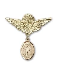 Gold Filled Baby Badge with St. Justin Charm and Angel with Wings Badge Pin