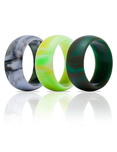 DHCare Silicone Wedding Ring 3 Pack - Men's Set of 3 Flexible Safety Comfort Wedding Band Rings in Black, Navy Blue, & Dark Gray Sleek 9mm Durable Comfortable Bands for Active Men (9)