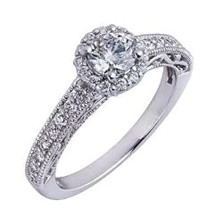 Natural Round Brilliant Cut Diamond Vintage Engagement Ring Millgrain Edge 14k White Gold ( 1 Carat, VS Clarity, F Color)