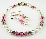October Rose (LIGHT Pink Opal) Gold Filled Birthstone Swarovski Crystal Beaded Pearl Braceletss and Earrings Sets