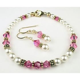 Pink Tourmaline Gold Filled Swarovski Crystal Beaded Pearl Braceletss and... by