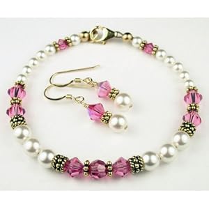 Pink Tourmaline Gold Filled Swarovski Crystal Beaded Pearl Braceletss and... by