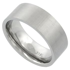 Surgical Steel 8 mm (5/16 in.) High Polish Comfort Fit Flat Wedding Band (Available in Sizes 8 to 15), size 8: Jewelry