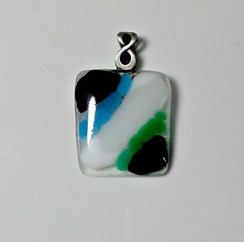 Fused glass pendant necklace; black, blue, white and green glass striped on clear glass with antique silver bail; fused glass jewelry