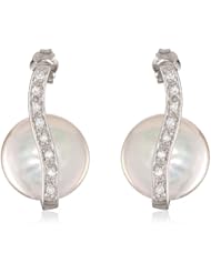 Sterling Silver Cubic Zirconia and Coin Freshwater Cultured Pearl Post Earrings
