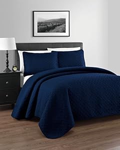 Zaria 3-Piece Lightweight Quilt / Coverlet Set - Ideal for Summer, Full/Queen, Navy Blue