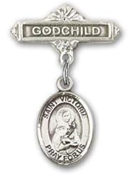 Sterling Silver Baby Badge with St. Victoria Charm and Godchild Badge Pin
