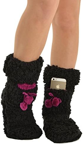 Fuzzy Black and Berry Slipper Boots with Fleece Lining and Iphone Pocket