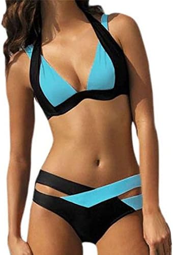 W&amp;C Womens Cross Double Colored Padded Push Up Halter Bikini Bra Set Swimsuit ((US Size 10-12) XXL, Blue)