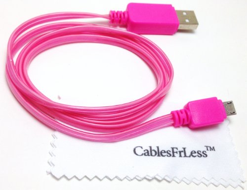 CablesFrLess LED Light Up Illuminating 3ft Micro B USB Charging / Data Sync Cable fits Android Tablets and Phones Samsung Galaxy S4 Reverb Note Google Nexus HTC One HD Touch Acer LG Optimus Pantech Blackberry Motorola Moto X RAZR MAXX HD Sony Ericsson ZTE (Hot Pink)