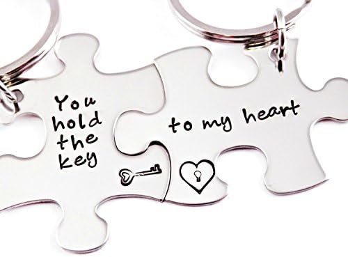 You Hold The Key To My Heart Puzzle Piece Keychain Set of 2 - Hand Stamped Key Chain