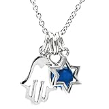 Sterling Silver Hamsa, Star Of David, and Blue Bead Charm Necklace .925 Stamp Hypoallergenic