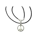 Stainless Steel, 25mm X 35mm, Peace Sign, Pendant 18" long Braided Leather Cord Necklace Lobster Claw Clasp - Black 4 strand braid round , 3 mm wide