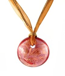 Necklace - N127 - Murano Glass Style - Round Shape ~ Red, Copper and Silver hung on Brown 5 Strand Organza and Cotton Cord + 2" Extension Chain