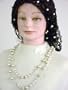 Sn70, Hand Crocheted Black Metallic Gimp Large Snood Trimmed with Cultured Ivory Pearls for Women in Combination with Light Blue Graduated Pearl Choker Necklace and Earrings
