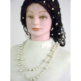Sn70, Hand Crocheted Black Metallic Gimp Large Snood Trimmed with Cultured Ivory Pearls for Women...