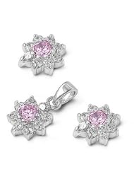Sterling Silver Wreathed Pink and Clear CZ Pendant with Earrings Jewelry Set