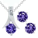 2.25 Ct Round Purple Amethyst .925 Silver Pendant and Earrings Set 18" Chain