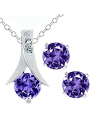 2.25 Ct Round Purple Amethyst .925 Silver Pendant and Earrings Set 18" Chain