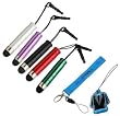 GTMax 7pc Accessory Set Including 5x Mini Cellphone Tablet touch Screen Stylus with 3.5mm adapter (Black/Red/Purple/Silver/Green) + LCD Mobile Screen Cleaner & Blue Wrist Strap Lanyard for HTC Droid Incredilble 2, Thunderbolt, Inspire 4G, Evo 3D; Samsung Droid Charge, Infuse, Galaxy S2 SII / S 2 i9100 / i777 G4 ; HP TouchPad, Fascinate; Apple iphone 4G 4GS, Kindle Fire