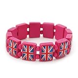 UK British Flag Union Jack Pink Stretch Wooden Bracelet - up to 20cm length