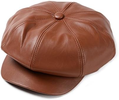 Yongjie Winter Retro Warm Women PU leather Octagonal Cap Berets with Visor Lovely Pumpkin hat Beret for Women (Brown)