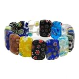 Multi Color Floral Murano Glass Rectangle Bead Stretch Bracelet