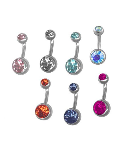 A-Pack of 7 Double Jeweled Belly Button Ring Pack-14g-Steel Short-Long Barbell-Custom Fit Navel Ring Set