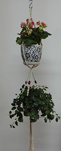 4 Legs Macrame Cotton Woven Plant Holders with Brown Wood Bead Decoration for Double Pots ,Natural Color, 43-inches Without the Plant and Pot