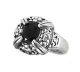 Sterling Silver Ornate Flower Motif Frame Black Faceted Crystal Ring