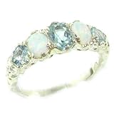 High Quality Solid Sterling Silver Natural Aquamarine & Opal English Victorian Ring - Finger Sizes 5 to 12 Available