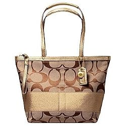 Coach Signature Stripe Bag Shopper Bag Purse Tote 13548 Gold