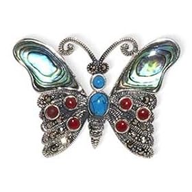 Sterling Silver Butterfly Marcasite Inlay Pin Brooch 28 MM Long and 35 MM Wide by Gem Avenue