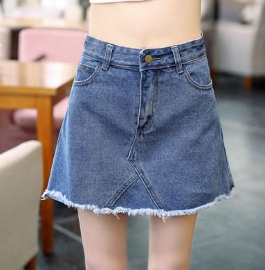 (ALLURE) デニム スカート 台形 切りっぱなし風 フリンジ フレアスカート ブルー ライトブルー AF0510