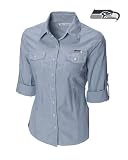 Seattle Seahawks Women's Blouse - Cutter & Buck Ladies Gridiron Stripe Rolled Sleeve Button Down Tour Blue X-Large at Amazon.com
