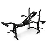 Klarfit FIT-HB3BC Multi Gym Weight Bench Perfect for Training the Core Muscles (Arm/Leg Curler, 160kg Max Load & Barbell Rack) - Black